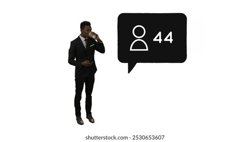 Full view of a businessman checking his phone while holding coffee. Beside the businessman is a black message bubble with a follower icon and increasing number count 4k - Powered by Shutterstock