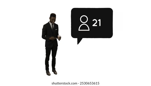 Full view of a businessman checking his phone while holding coffee. Beside the businessman is a black message bubble with a follower icon and increasing number count 4k - Powered by Shutterstock