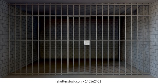 A full view of a prison holding cell consisting of a brick and concrete room enclosed with metal bars and a closed door 