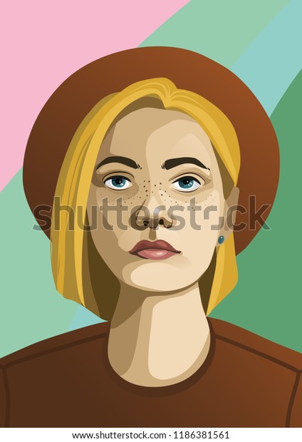 Fullface Portrait Girl Short Haircut Hat Stock Illustration 1186381561