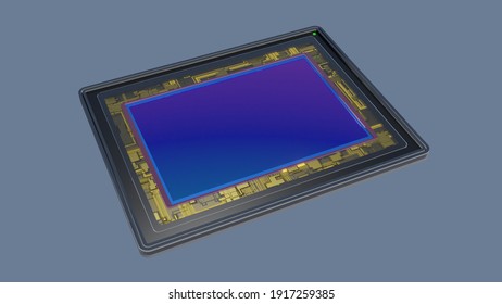 Full-frame sensor for digital camera, 3D rendering macro isolated on sky blue