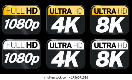 FullHD, 4k and 8k Set logo icon in simple flat style. Black, white and golden video or screen resolution logo icons. Set from 1080p, 4K and 8k logos versions.