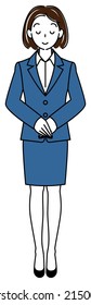 Full-length standing figure of a pretty woman in a suit bowing with her head slightly bowed. Illustration of hands folded with right hand on top