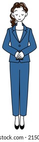 Full-length standing figure of a pretty woman in a suit bowing with her head slightly bowed. Illustration of hands folded with left hand on top