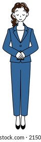Full-length standing figure of a pretty woman in a suit bowing with her head slightly bowed. Illustration of hands folded with right hand on top