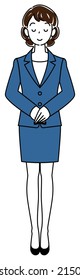 Full-length standing figure of a pretty woman in a suit bowing with her head slightly bowed. Illustration of hands folded with left hand on top