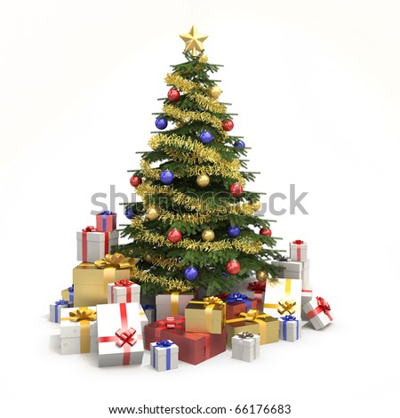 fully decorated christmas tree with many presents and isolated on white background - Fully Decorated Christmas Tree fully decorated christmas tree with many presents and isolated on white background - Fully Decorated Christmas Tree