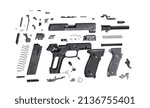 Fully disassembled exploded diagram automatic pistol handgun isolated on white. 3D Render.
