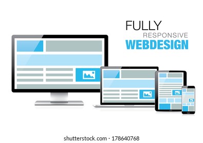 Fully responsive web design in modern realistic electronic devices illustration.