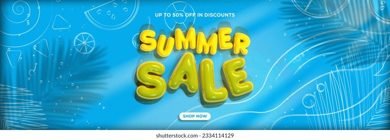 fUN 3D Summer Sale Colorful Text on blue sea waves with drawn tropical elements and fruits. Palm Leaf shadows on corners. Fun Summer Sale Sign Poster Design.  - Powered by Shutterstock