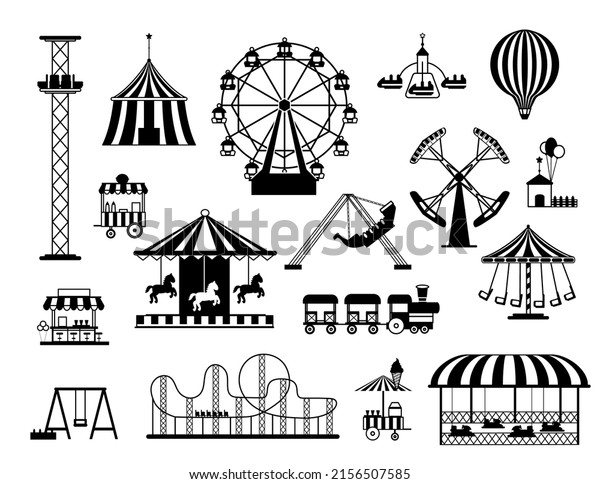 Fun amusement carnival park attractions and\
carousels black silhouettes. Funfair circus tent, swings, train and\
hot air balloon  set. Elements for family rest or leisure time in\
park