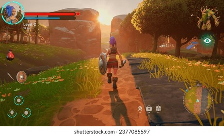 Fun Arcade Role-Playing Video Game for Mock-up Gaming Content: Gameplay of 3D Fantasy Game Featuring Female Hero Character Wielding Sword and Shield, Going on Adventure in Beautiful Forest. 3D Render