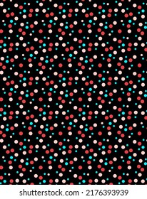 Fun Bright Simple Geometric Polka Dots Pattern Delicate Small Red, Pink And Blue Circles On A Black Background Flat Lay Design Fabric Print Folk, Rustic, Cottage Decor, Traditional, Retro, Vintage 