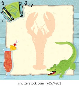 Fun Cajun Lobster Boil Party Invitation With Accordion, Alligator, Hurricane Cocktail And A Lobster Silhouette On Vintage Paper And A Weathered Blue Wood Background.