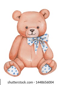 Fun cartoon cute watercolor teddy bear sitting front positin. Hand painted. isolated.