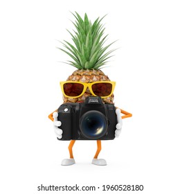 Fun Cartoon Fashion Hipster Cut Pineapple Person Character Mascot with Modern Digital Photo Camera on a white background. 3d Rendering