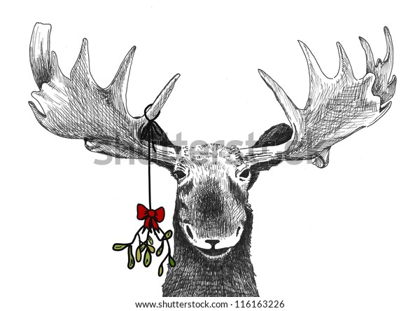 ヤドリギの下でキスをする楽しいクリスマスの伝統 おかしなユーモラスなクリスマスカードスケッチ 手描きのホリデーイラスト 冬のクリスマス イメージ装飾シーン のイラスト素材