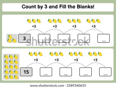 Fun Counting by 3 Worksheet with Mango Illustration — Fill in the blanks activity for kids. Perfect for preschool and kindergarten math practice.