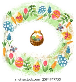 Fun Easter wreath with abstract cartoon flowers and Easter basket bright design for various fabrics, backgrounds, perfect for decorations, greetings and invitations.