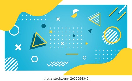 A fun and energetic abstract background features a playful assortment of geometric shapes and fluid yellow forms, creating a vibrant retro Memphis style design.
