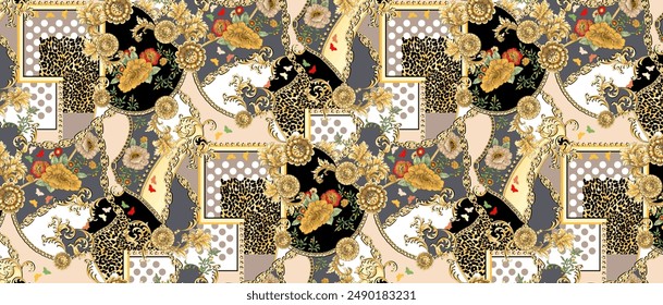 fun and funky seamless, It has leopard print, colorful flowers in various shapes and sizes, small pink polka dots, and chunky gold chains, colors creates a sense of movement and energy.