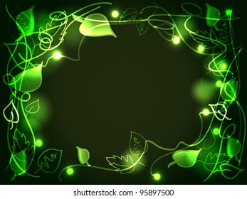 Fun hand drawn leaves and vines of an enchanted forest filled with glowing lights, perfect mystical green background with copy space.