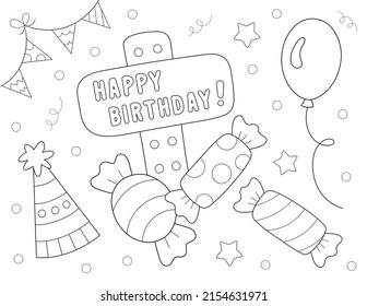 Fun Happy Birthday Coloring Page With Candy, A Party Hat, A Balloon And More Shapes To Color. You Can Print It On Standard 8.5x11 Inch Paper