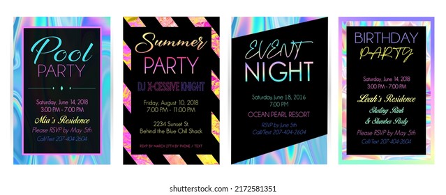 Fun holographic theme party invites or postcard with pool party blue and colorful pastel vibes. - Powered by Shutterstock