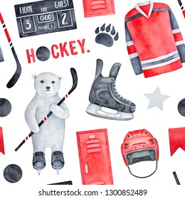 Fun ice hockey theme seamless pattern in red  black   white; and skates  pucks  sticks  jersey  score board  polar bear character  stars  athletic locker  Hand drawn water color graphic drawing 