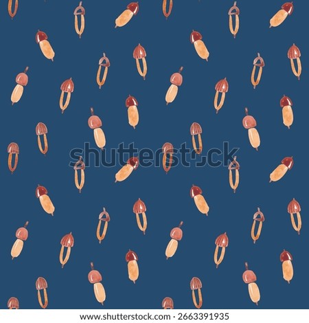 Fun kid seamless pattern with acorns, mushrooms, berries . Simple abstract fall plants design hand drawn with watercolor. Autumn plants background for textile, fabric, wallpaper, packaging