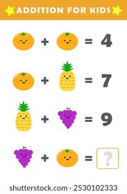 Fun Math Logic Puzzles for Kids. Math Game with Cute Fruits Pictures. Math Activities for Children. Addition for Kids.	