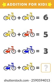 Fun Math Logic Puzzles for Kids. Math Game with Cute Bicycles Pictures. Math Activities for Children. Addition for Kids.