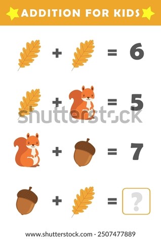 Fun Math Logic Puzzles for Kids. Math Game with Cute Squirrel Pictures. Math Activities for Children. Addition for Kids.