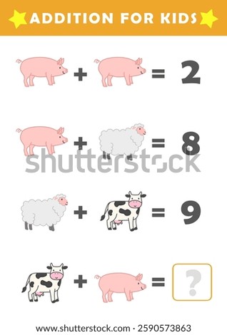Fun Math Logic Puzzles for Kids. Math Game with Cute Farm Animals Pictures. Math Activities for Children. Addition for Kids.