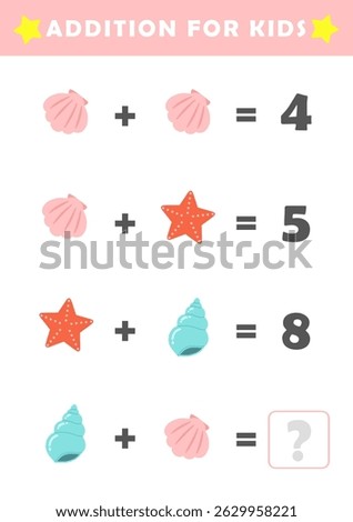 Fun Math Logic Puzzles for Kids. Math Game with Cute Shells. Math Activities for Children. Addition for Kids.