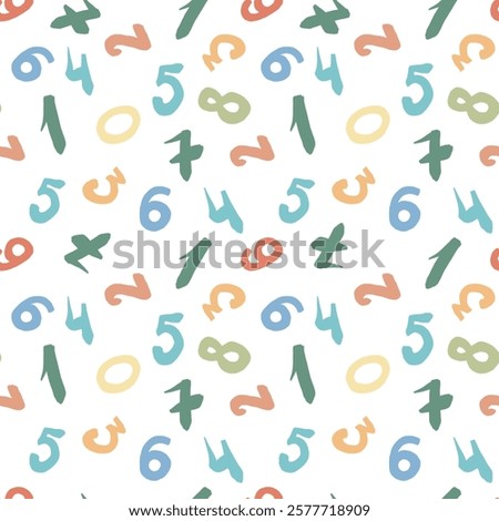 A fun pastel seamless pattern with numbers. Multi-colored numbers in doodle style. illustration for fabric design, kids wear, accessories
