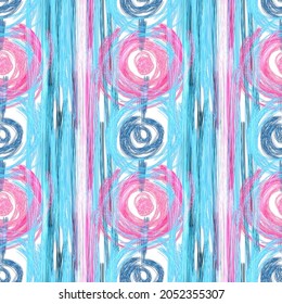 Fun Pink Blue White Hand Drawn Seamless Texture. Modern Bright Feminine Swimwear Fashion All Over Print. Doodle Funky Abstract Summer Beach Style Background. Playful High Quality Jpg Swatch.