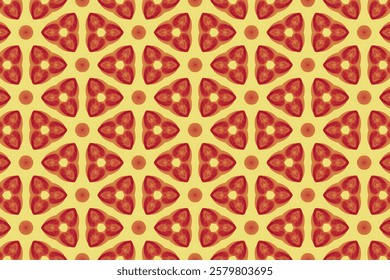 A fun and quirky seamless pattern featuring stylized red pizza slice shapes arranged in a repeating geometric design against a pale yellow background