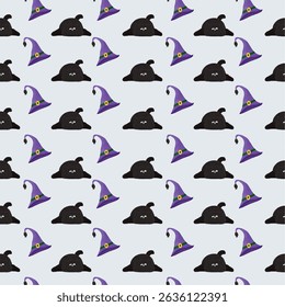 A fun, seamless background featuring black cats lying down and purple witch hats. The cute and quirky pattern is ideal for Halloween projects, decorations, or festive designs.