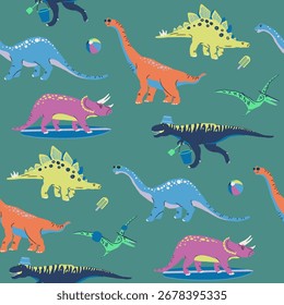 Fun seamless pattern with cute cartoon dinosaurs enjoying summer beach activities. Playful prehistoric animals for kids' fabric.