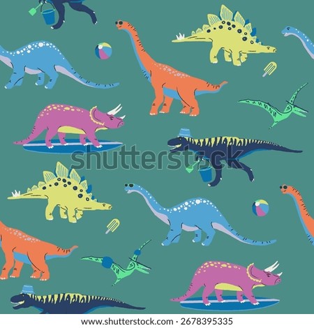Fun seamless pattern with cute cartoon dinosaurs enjoying summer beach activities. Playful prehistoric animals for kids' fabric.