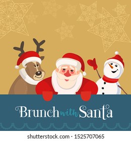 Fun seasonal poster. Cartoon quirky Santa Claus, reindeer, frosty snowman . Christmas breakfast enjoy for kids. Family togetherness on holiday celebration flyer. Vintage New Year menu banner template - Powered by Shutterstock