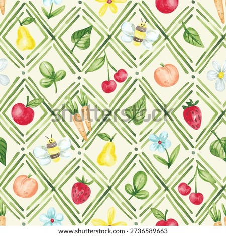 Fun summer fruit seamless pattern hand drawn with watercolor. Cute childish pattern with summer garden plants. Colorful kid design for wallpaper, digital paper, packaging, textile, fabric and so on
