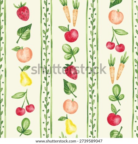Fun summer fruit seamless pattern hand drawn with watercolor. Cute childish pattern with summer garden plants. Colorful kid design for wallpaper, digital paper, packaging, textile, fabric and so on