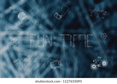 fun time conceptual illustration: text in digital watch style surrounded by hobby-related icons