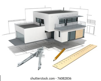functionalist house model  with project, ruler, dividers  and pencil, isolated on  white background