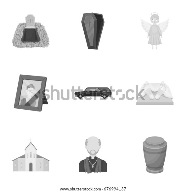 Funeral ceremony, cemetery, coffins,\
priest.Funeral ceremony icon in set collection on monochrome style\
bitmap, raster symbol stock\
illustration.