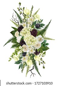 Funeral Floral Arrangement, Black And White Flowers Wreath, Hand Drawn Watercolor Illustration