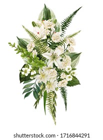 Funeral Floral Arrangement, White Flowers Wreath, Hand Drawn Watercolor Illustration