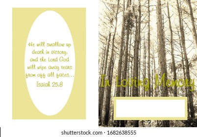 Funeral Memorial Program Half-fold Forest In Light Sepia Background With Bible Verse And Sentiment 4.25